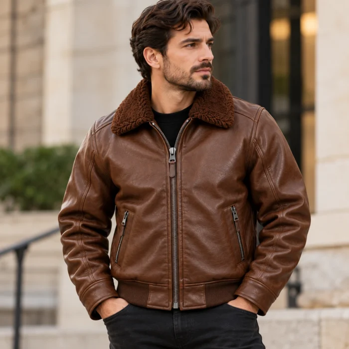 Bishop Espresso Brown Men's Aviator Leather Jacket | Blackstone Jackets