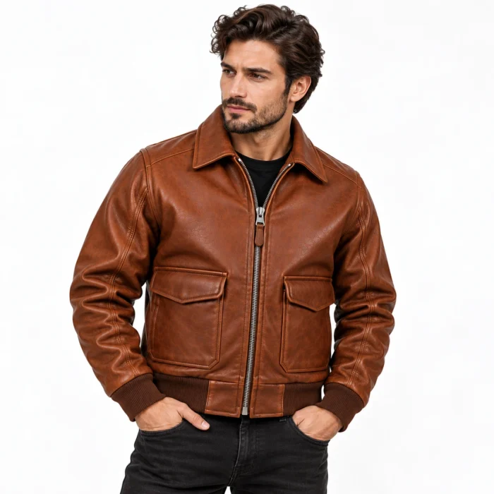 Bravo Russet Brown Men's Aviator Leather Jacket | Blackstone Jackets