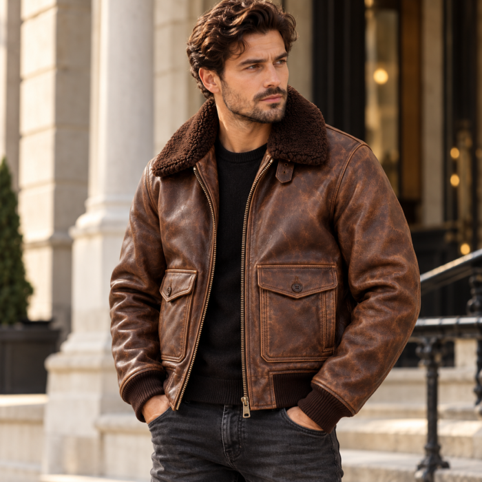Captain Distressed Seal Brown Men's G-1 Flight Leather Jacket | Blackstone Jackets