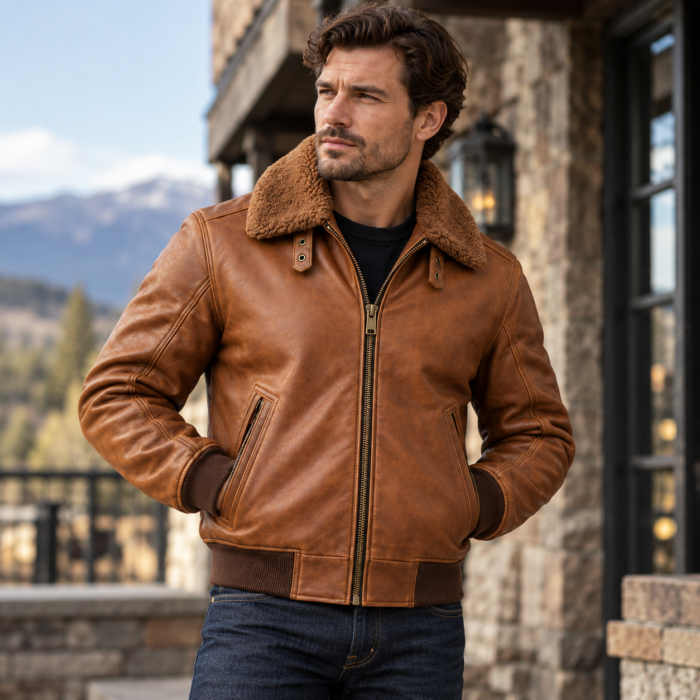 Orion Light Tobacco Brown Men's Aviator Leather Jacket | Blackstone Jackets
