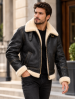 Captain Black / Ivory Men's Leather Shearling-Trim Aviator | Blackstone Jackets