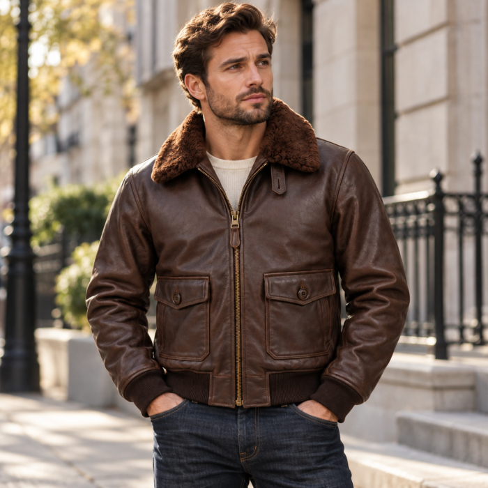 Bravo Dark Chocolate Brown Men's G-1 Flight Leather Jacket | Blackstone Jackets