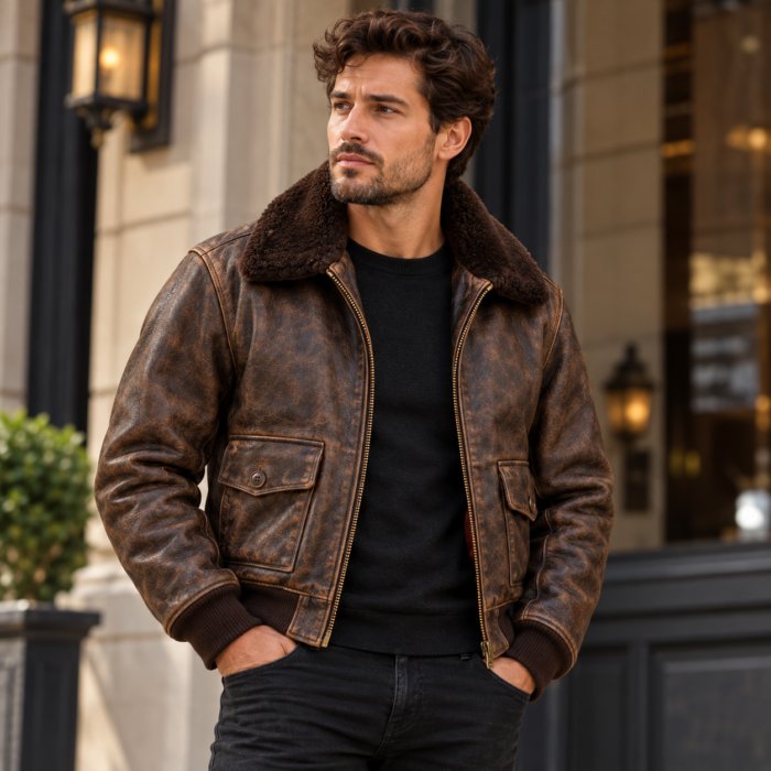 Atlas Distressed Seal Brown Men's G-1 Flight Leather Jacket | Blackstone Jackets