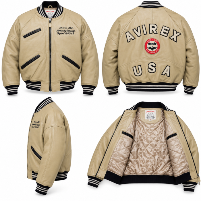 Avirex Normandy Campaign Cream Leather Bomber Jacket | Blackstone Jackets