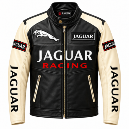 Jaguar Racing Black and Cream Leather Biker Jacket | Blackstone Jackets