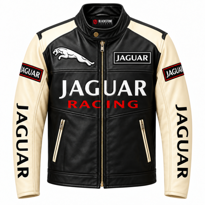 Jaguar Racing Black and Cream Leather Biker Jacket | Blackstone Jackets - Image 1