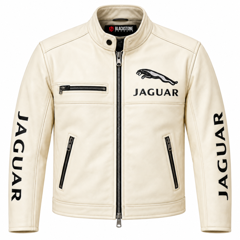Jaguar Cream Leather Cafe Racer Jacket | Blackstone Jackets