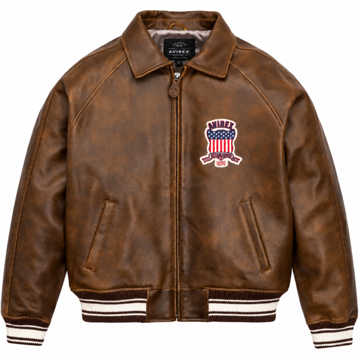 Avirex USA Brown Leather Bomber Jacket with Vintage Back Logo | Blackstone Jackets
