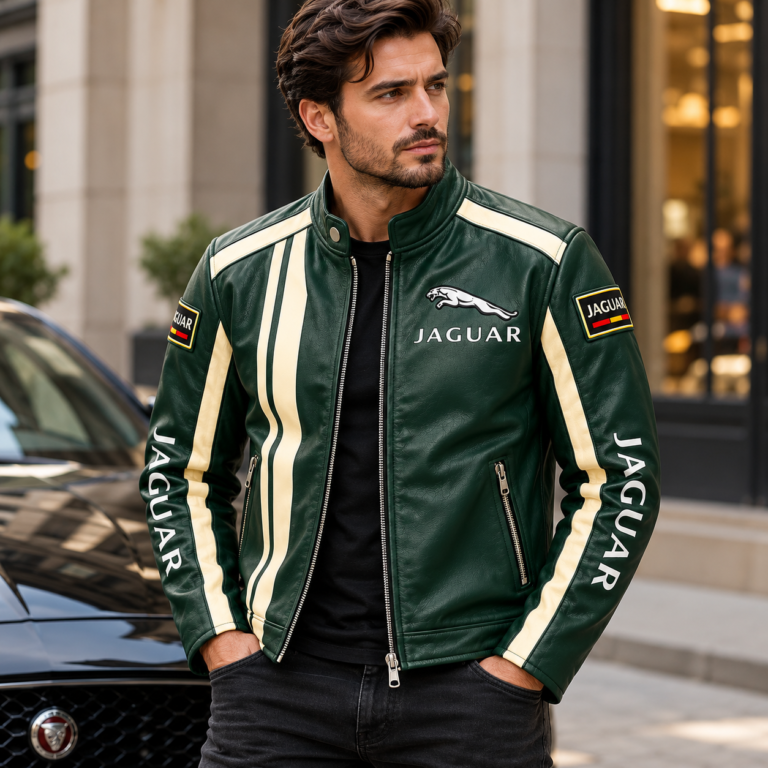 Jaguar Racing Green Leather Biker Jacket with Cream Stripes | Blackstone Jackets