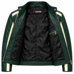 Jaguar Racing Green Leather Biker Jacket with Cream Stripes | Blackstone Jackets