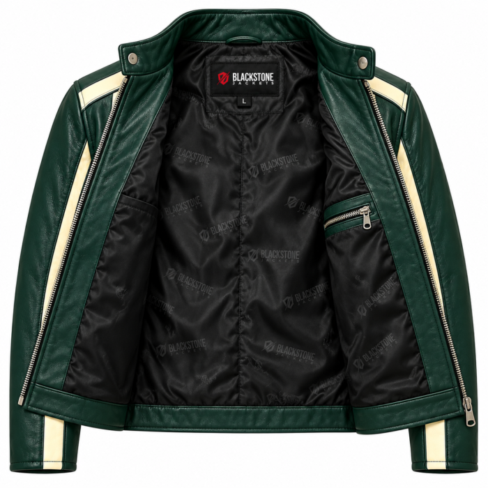 Jaguar Racing Green Leather Biker Jacket with Cream Stripes | Blackstone Jackets
