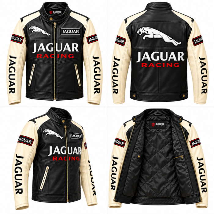 Jaguar Racing Black and Cream Leather Biker Jacket | Blackstone Jackets - Image 6