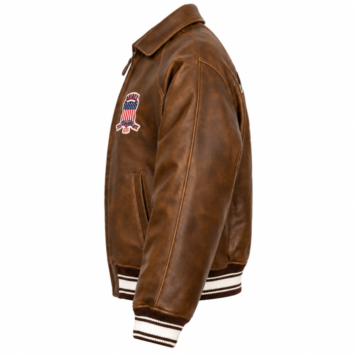 Avirex USA Brown Leather Bomber Jacket with Vintage Back Logo | Blackstone Jackets