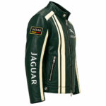 Jaguar Racing Green Leather Biker Jacket with Cream Stripes | Blackstone Jackets