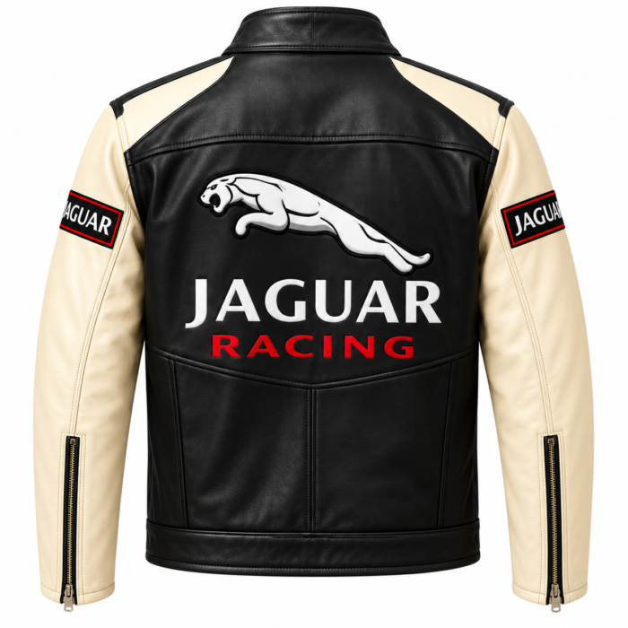 Jaguar Racing Black and Cream Leather Biker Jacket | Blackstone Jackets - Image 3