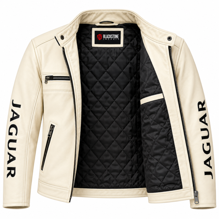 Jaguar Cream Leather Cafe Racer Jacket | Blackstone Jackets