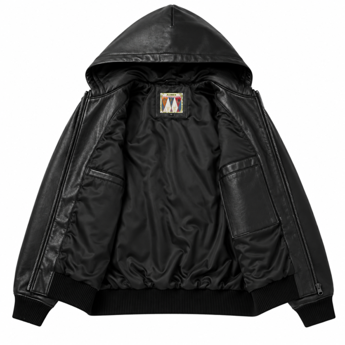 Avirex Black Leather Hooded Bomber Jacket | Blackstone Jackets