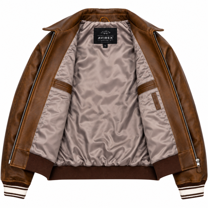 Avirex USA Brown Leather Bomber Jacket with Vintage Back Logo | Blackstone Jackets