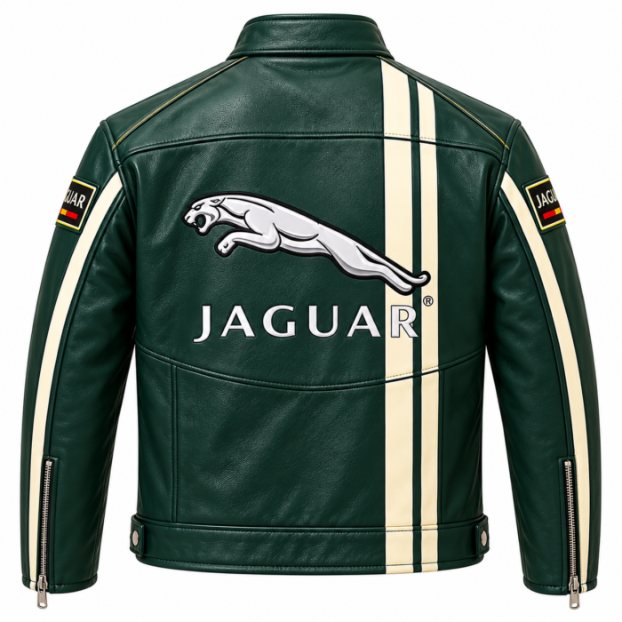 Jaguar Racing Green Leather Biker Jacket with Cream Stripes | Blackstone Jackets