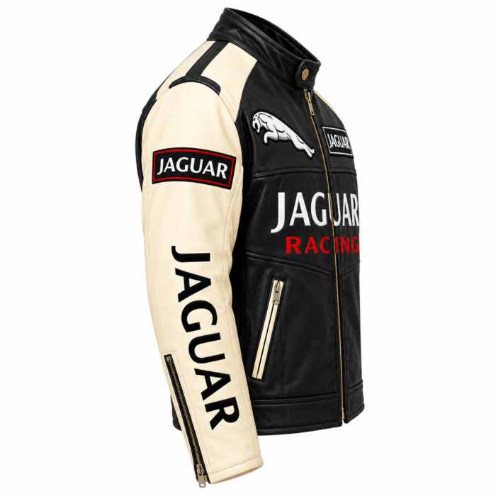 Jaguar Racing Black and Cream Leather Biker Jacket | Blackstone Jackets - Image 4