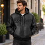 Avirex Black Leather Hooded Bomber Jacket | Blackstone Jackets