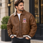 Avirex USA Brown Leather Bomber Jacket with Vintage Back Logo | Blackstone Jackets
