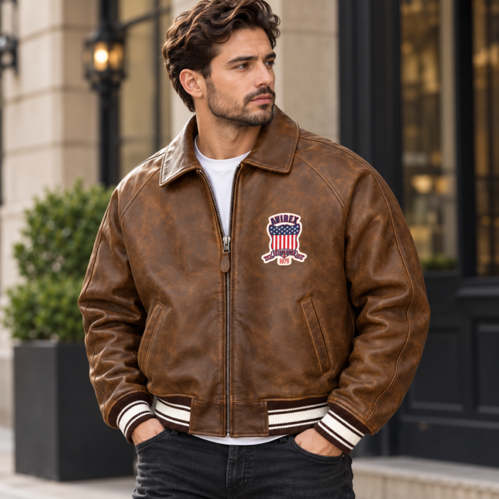 Avirex USA Brown Leather Bomber Jacket with Vintage Back Logo | Blackstone Jackets