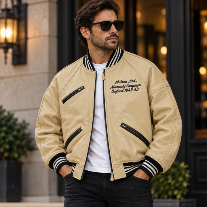 Avirex Normandy Campaign Cream Leather Bomber Jacket | Blackstone Jackets
