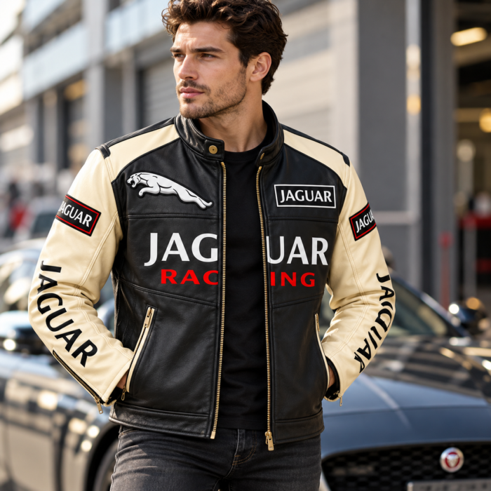Jaguar Racing Black and Cream Leather Biker Jacket | Blackstone Jackets - Image 2