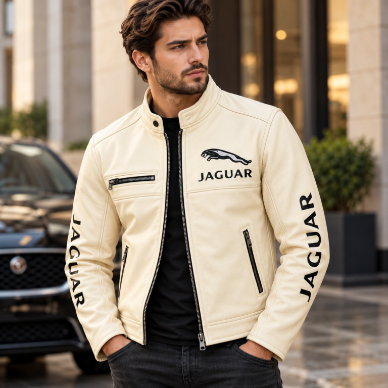 Jaguar Cream Leather Cafe Racer Jacket | Blackstone Jackets