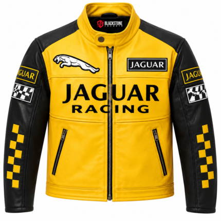 Yellow and Black Jaguar Racing Leather Jacket | Blackstone Jackets