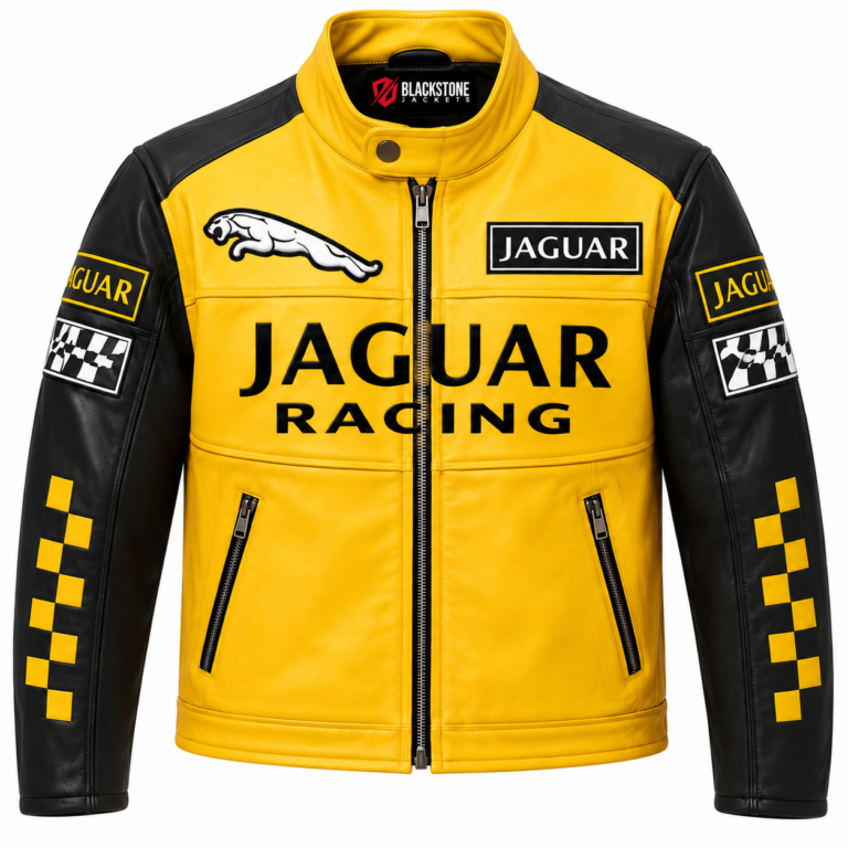 Yellow and Black Jaguar Racing Leather Jacket | Blackstone Jackets