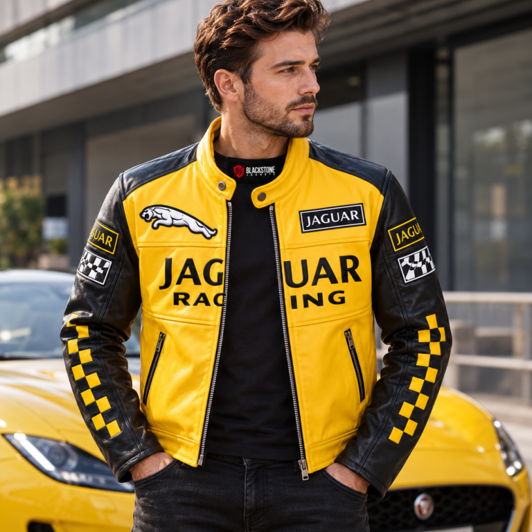 Yellow and Black Jaguar Racing Leather Jacket | Blackstone Jackets