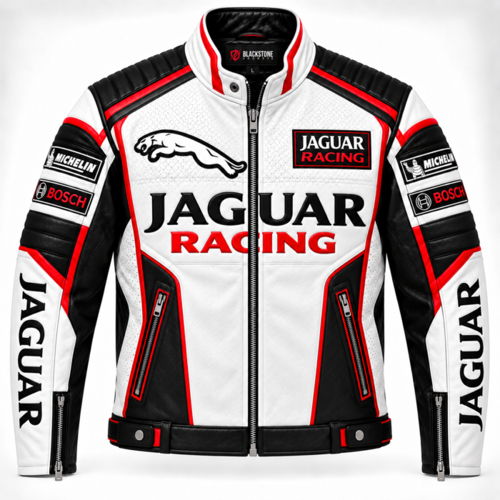Jaguar Racing White Leather Motorcycle Jacket | Blackstone Jackets