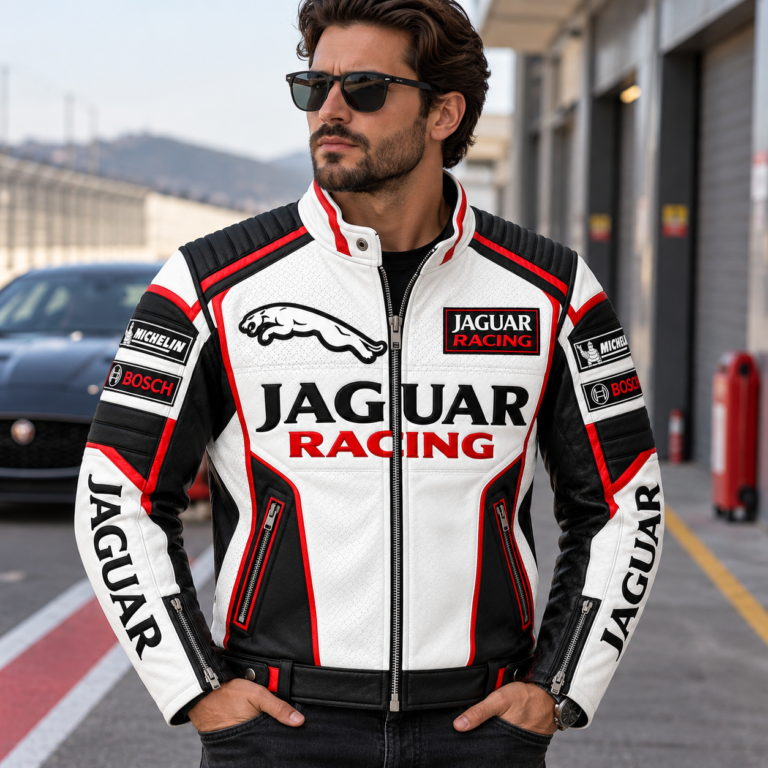 Jaguar Racing White Leather Motorcycle Jacket | Blackstone Jackets