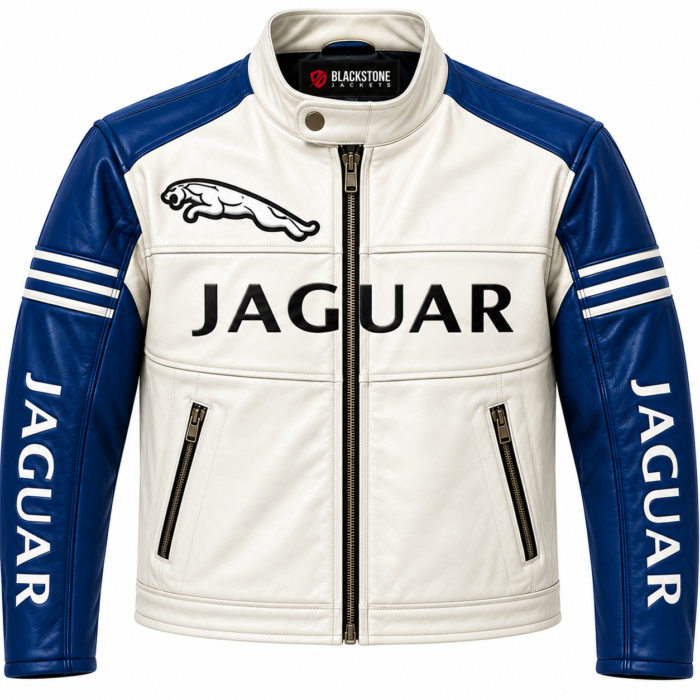 Jaguar Blue and White Leather Racing Jacket | Blackstone Jackets