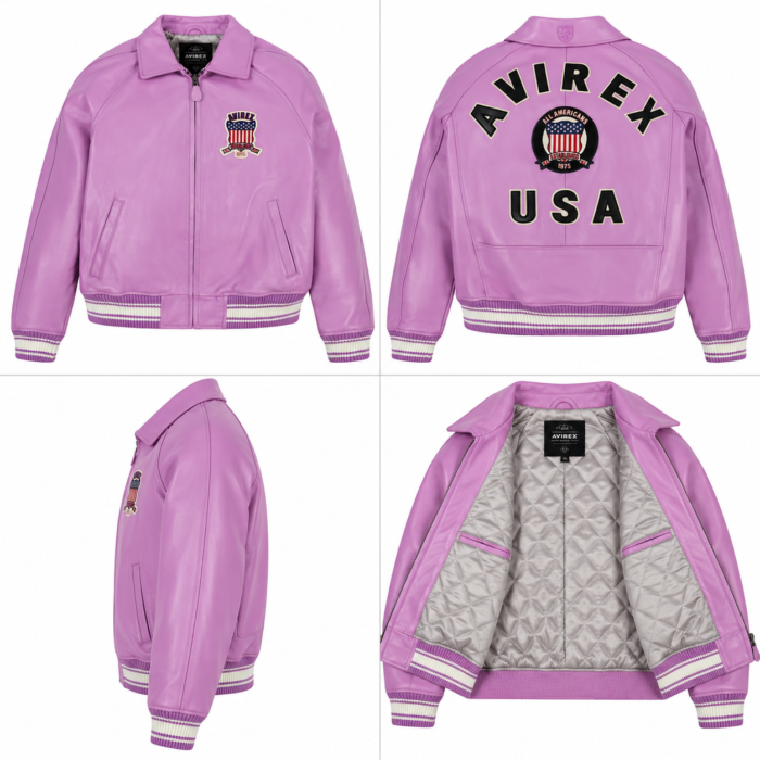 Avirex Purple Leather Bomber Jacket with USA Back Logo | Blackstone Jackets