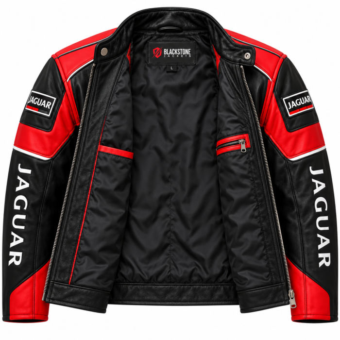 Jaguar Racing Black and Red Leather Biker Jacket | Blackstone Jackets