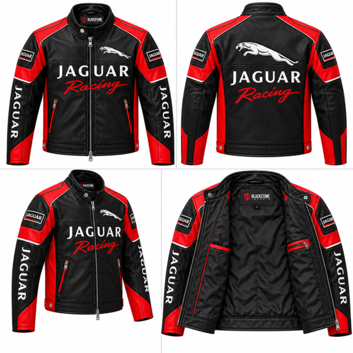Jaguar Racing Black and Red Leather Biker Jacket | Blackstone Jackets