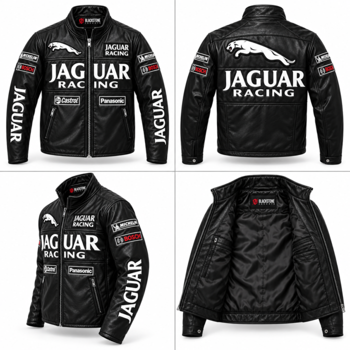 Men’s Black Jaguar Racing Leather Jacket – Premium Motorsport Racer Jacket Blackstone jacket