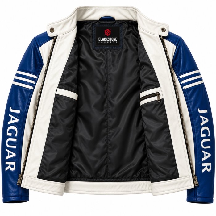 Jaguar Blue and White Leather Racing Jacket | Blackstone Jackets