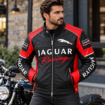 Jaguar Racing Black and Red Leather Biker Jacket | Blackstone Jackets