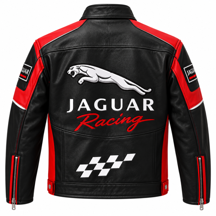 Jaguar Racing Black and Red Leather Biker Jacket | Blackstone Jackets