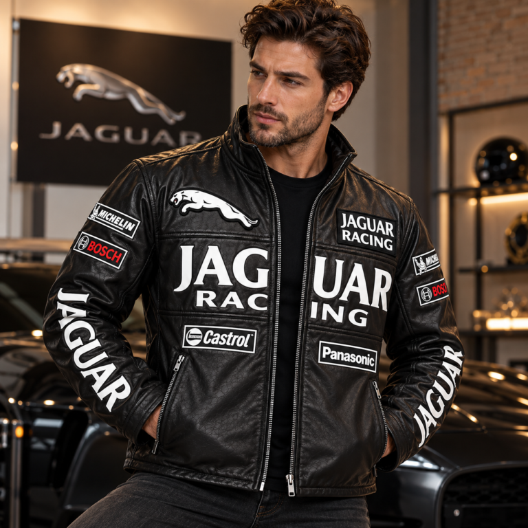 Men’s Black Jaguar Racing Leather Jacket – Premium Motorsport Racer Jacket Blackstone jacket