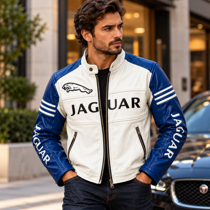 Jaguar Blue and White Leather Racing Jacket | Blackstone Jackets