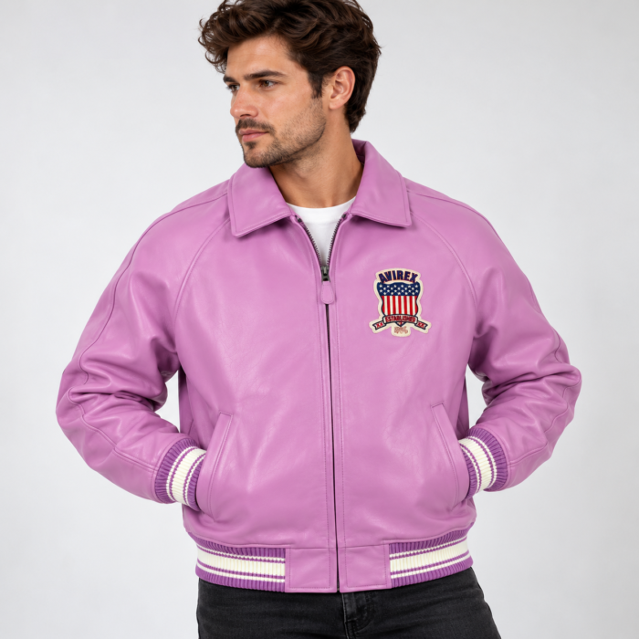 Avirex Purple Leather Bomber Jacket with USA Back Logo | Blackstone Jackets