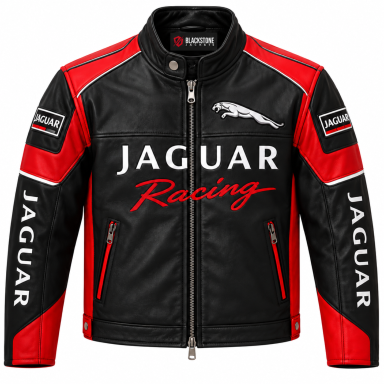 Jaguar Racing Black and Red Leather Biker Jacket | Blackstone Jackets