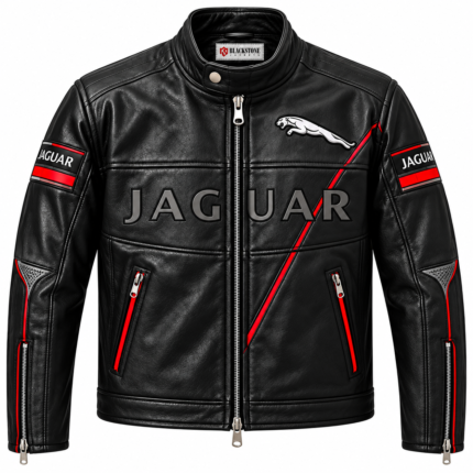 Jaguar Black Racing Leather Jacket with Red Accents | Blackstone Jackets