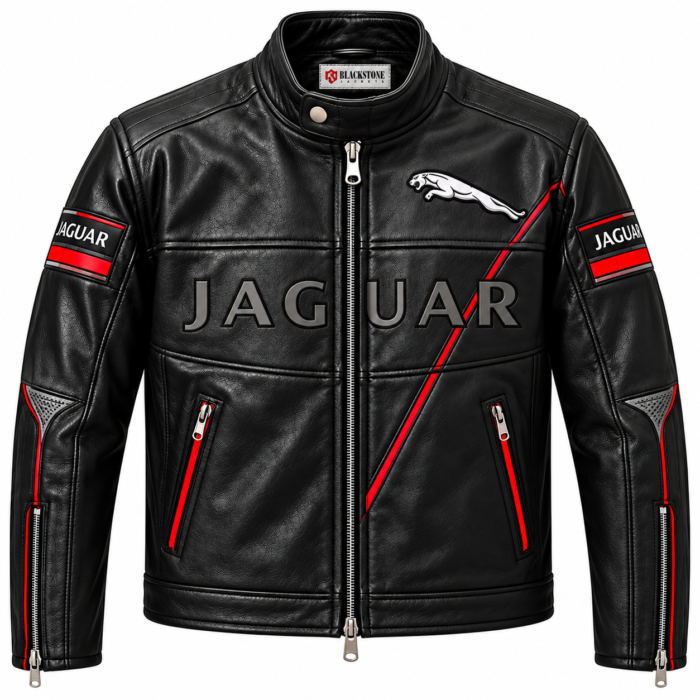 3.1black leather jacket (1) Jaguar Black Racing Leather Jacket with Red Accents | Blackstone Jackets