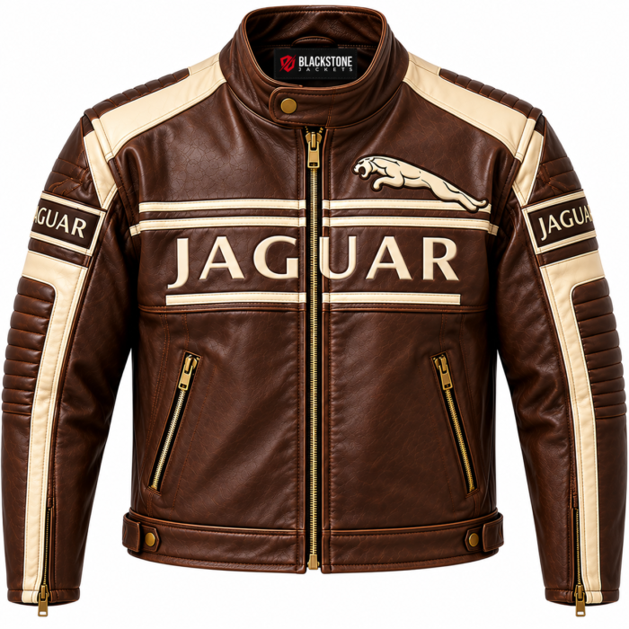 3.1brown jaguar jacket (1) Brown Jaguar Racing Leather Biker Jacket with Cream Panels | Blackstone Jackets
